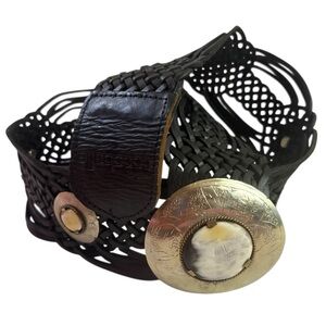 Cosabella Black Braided Leather Belt with Shell Medallions- New